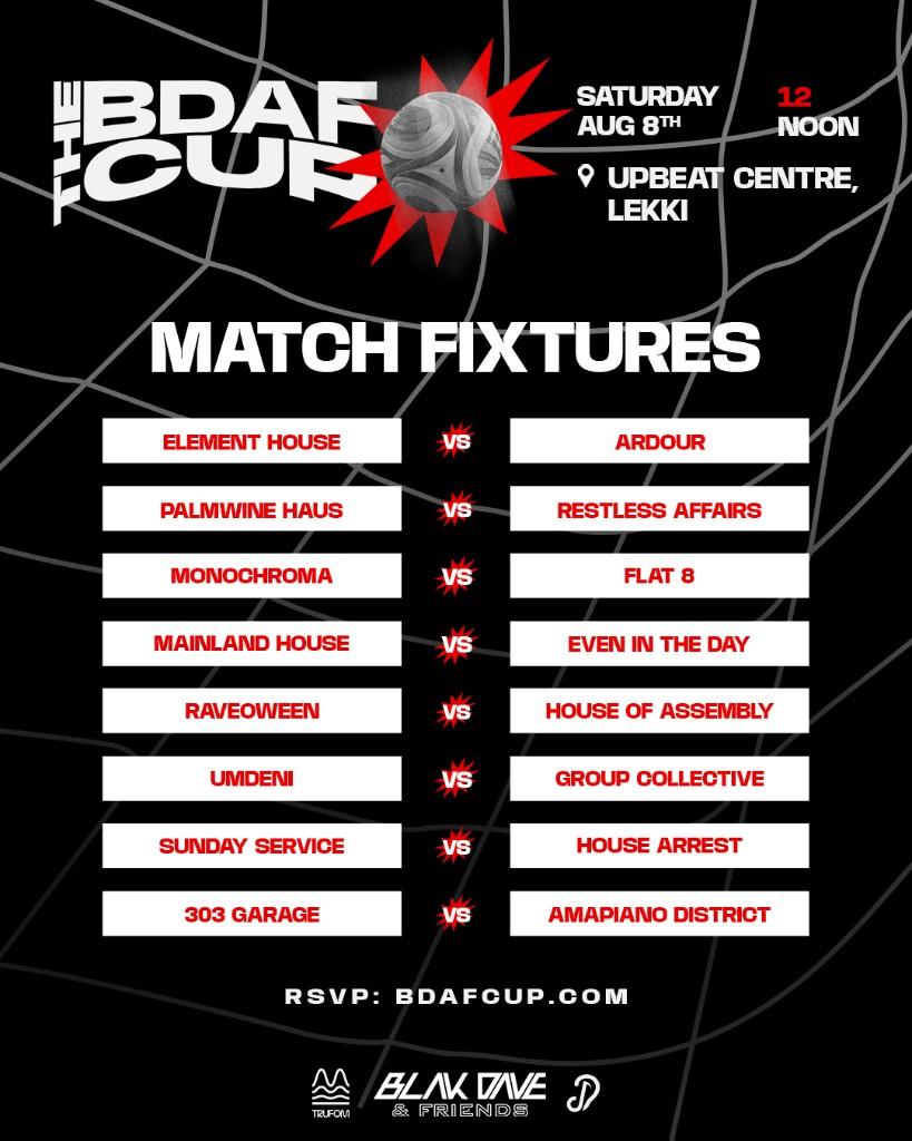 The BDAF Cup match fixtures. Saturday Aug 8th, 12 Noon, Upbeat Centre, Lekki. Round of 16: Element House vs Ardour, Palmwine Haus vs Restless Affairs, Monochroma vs Flat 8, Mainland House vs Even In The Day, Raveoween vs House of Assembly, Umdeni vs Group Collective, Sunday Service vs House Arrest, 303 Garage vs Amapiano District.